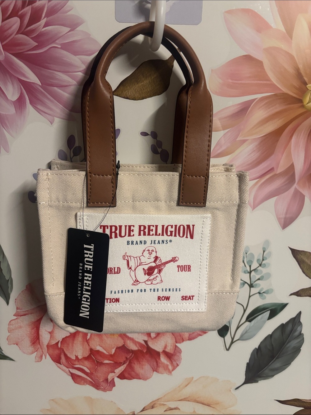 True Religion Cream Canvas Mini Tote with Brown Handles